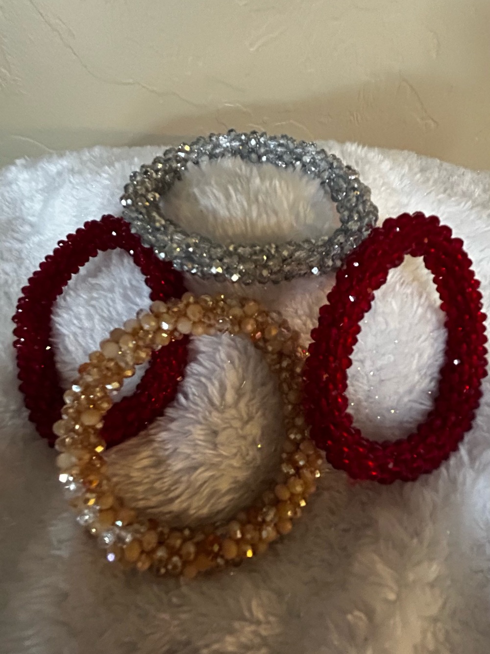 Sparkling Multi-Stack Crystal Stretch Bracelets - Red, Gold, Silver